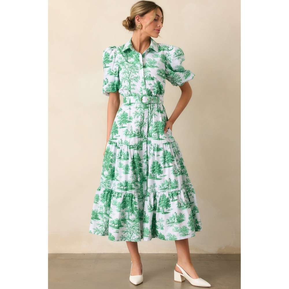 NWT Prosperina Georigia Eden‎ Green Toile Cotton Midi Dress (MSRP: $188) Small